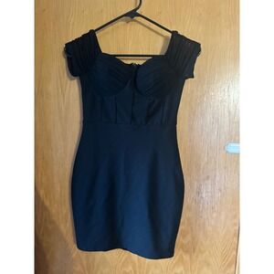 Black Corset Bodycon Mini Dress Ruched Cap Sleeve Sweetheart Neckline Cocktail S